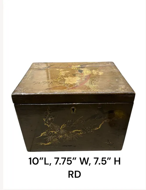 laquer box chinese brown vintage  with rosster deisgn and key hole