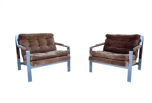 vintage chrome lounge chairs by Cy Mann Pair of Chrome Flat Bar Milo Baughman 