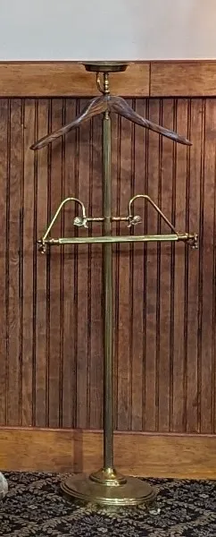 wood and brass valet suit stand 