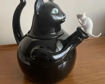vintage copco cat tea kettle black white mouse whistle