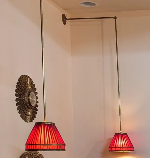 red pleated shade cantilever brass sconces pair
