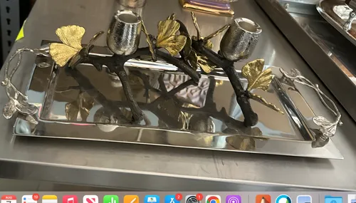 silver rectangular tray with leaf design handles 