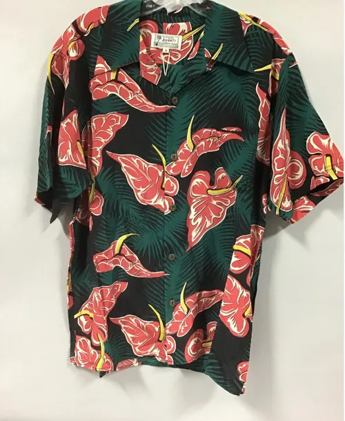 hawaiian shirt green background red flower 
