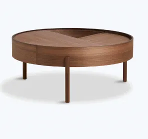 arc walnut coffee table round sliding top 4 legs  26w