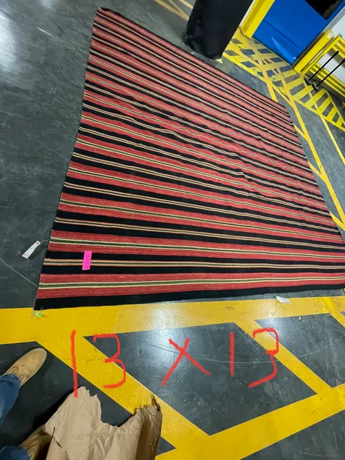 flat weave rug stripe red and black stripes approx  12'x13' 