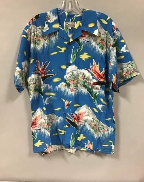 hawaiian shirt blue with birds of paradise 