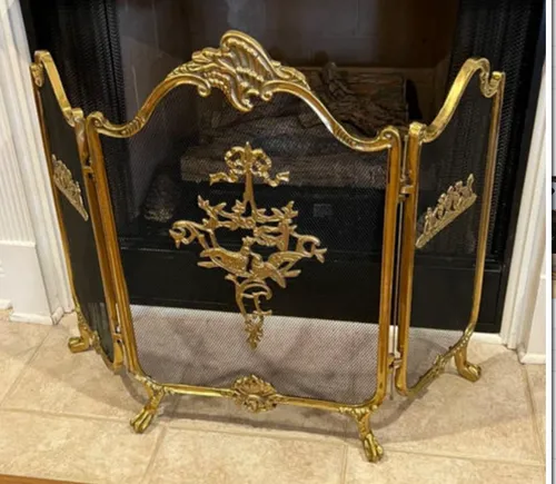  fireplace screen ornate brass ribbon and bird detail on front trifold
