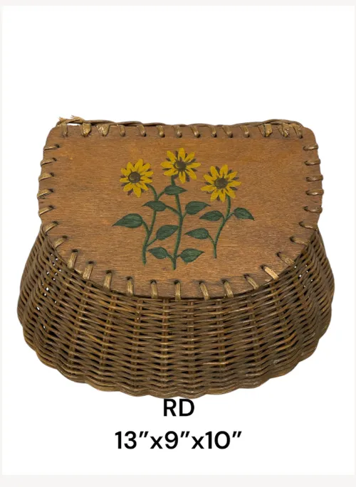 vintage basket for fishing with daisy design on wood lid 13 x9 x10h