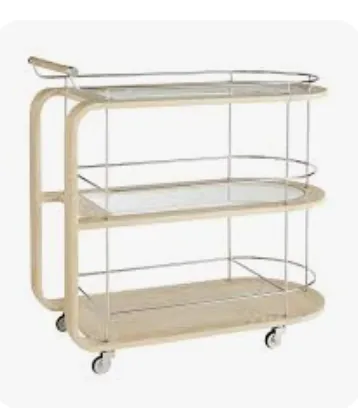 bray bar cart arteriors  leather wrapped handle light white wash wood and metal on wheels 