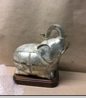 silver elephant box on wood base 12x16