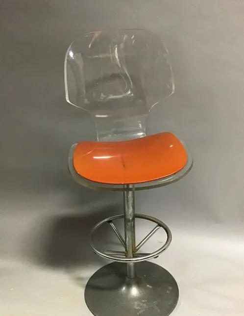 post modern lucite bar stool 1980 orange vinyl  seat 