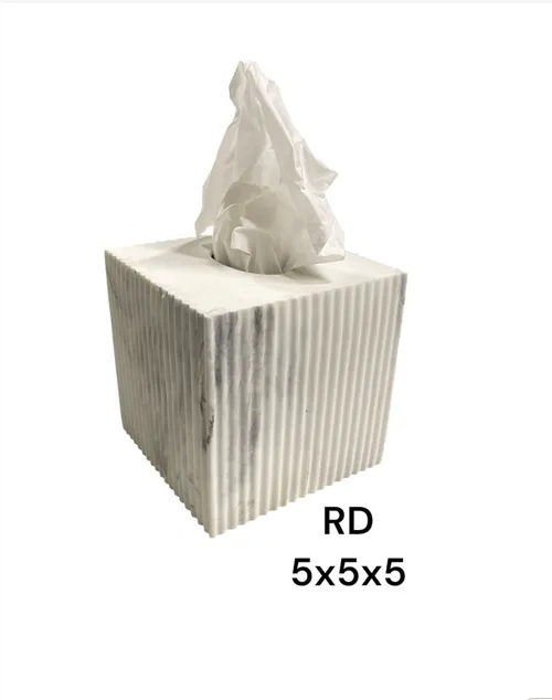 white fluted tissue box 5 x5 x5 marble veins