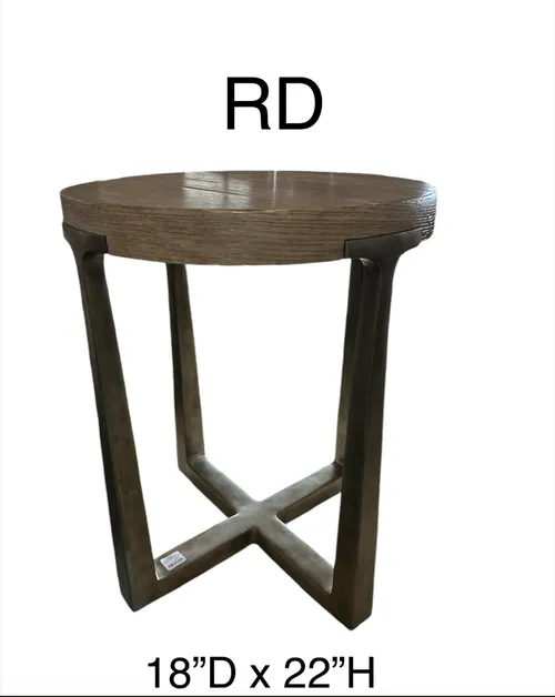 side table round wood top metal legs connect at the bottom