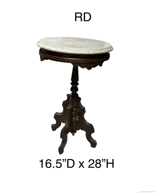 victorian side tabel white marble top dark wood 16.5 x28h