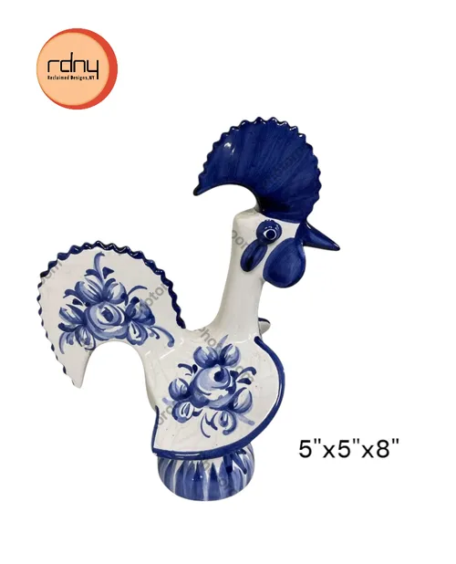blue and white ceramic rooster  with portugal flower design