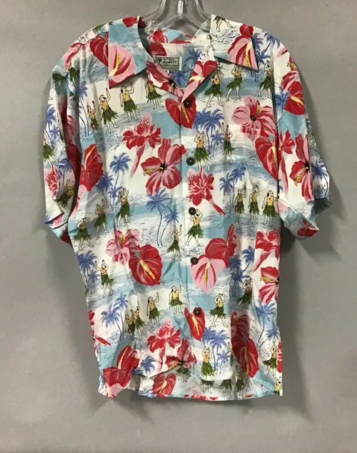 Hawaiian shirt red flower blue palm hula girls 