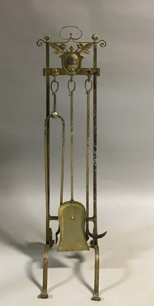 Antique brass fireplace tool set 