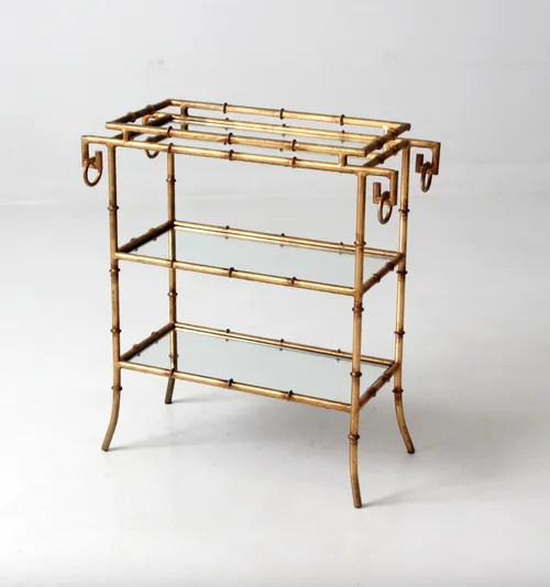 bamboo gilt tray table hollywood regency mirrored glass shelves Carla