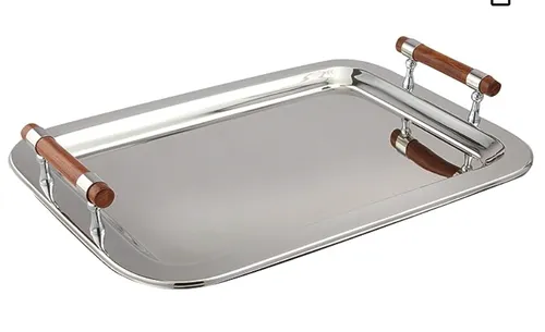 rectangular silver  tray wood handles 22