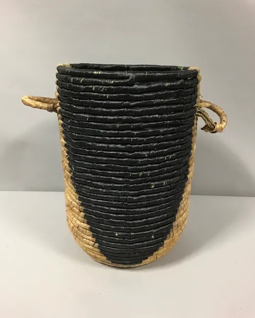 black and natural woven basket with handles 