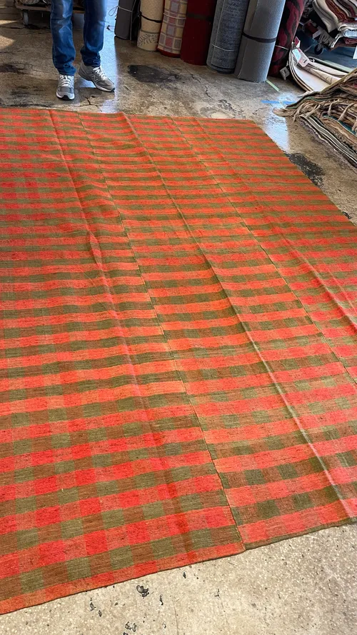 vintage kilim rug red and green check flat weave