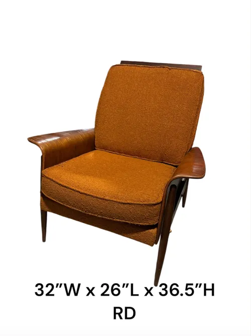 mid cen papa lounge chair bentwood arms orange fabric