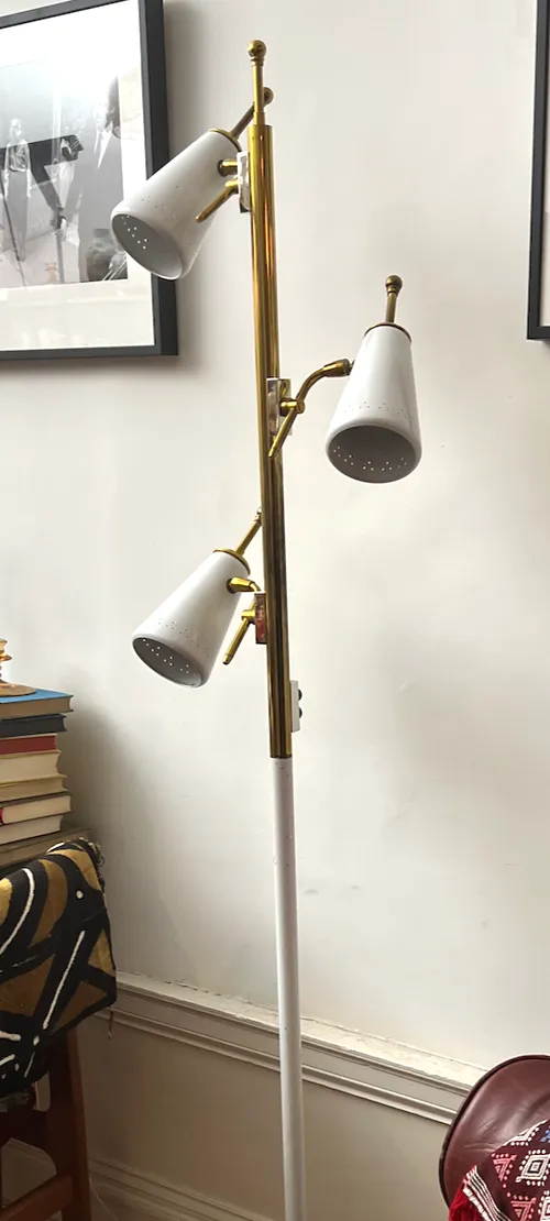 white with brass detail 3 head floor lamp 1950s Stiffel 