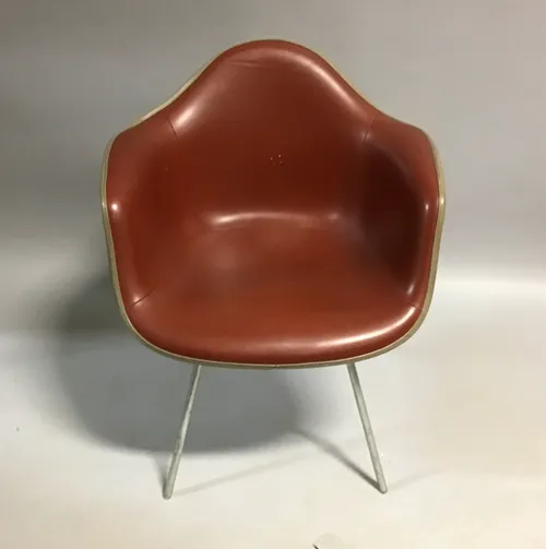 vintage eames dax chair red leather cream trim 1970 Charles and Ray Eames Padded Arm Shell Leather Chairs, Two-Tone /Herman Miller   Height: 31 in (78.74 cm)Width: 25 in (63.5 cm)Depth: 25 in (63.5 cm)Seat Height: 17 in (43.18 cm)
