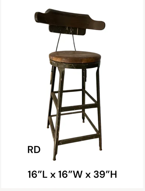 vintage shop stool 16x16x39h wood seat and back and metal