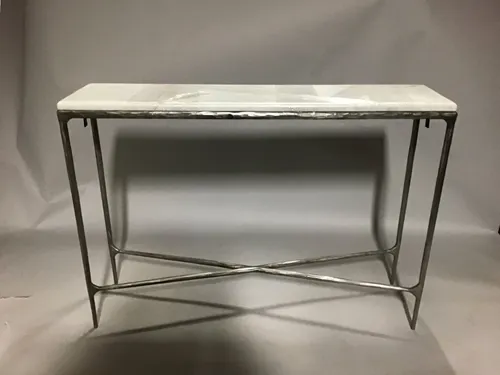 Thaddeus forged silver console with white marble top 12 x48wx 34h