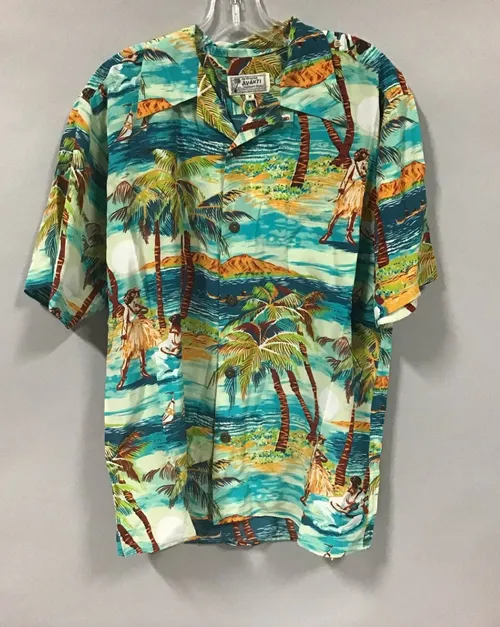 Hawaiian shirt green hula girls and palm trees 