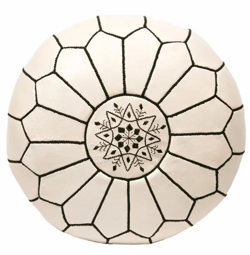 white leather moroccan pouf /black stitching 21