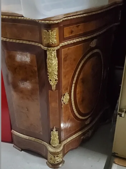 19th cen serpentine travertine top wood inlay ormolou cabinet /buffet napoleon 