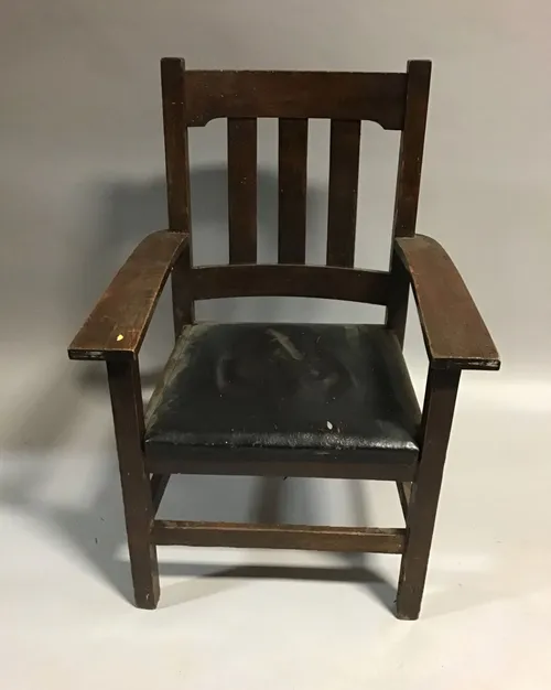 misson oak single arm chair black leather seat charles p limbert 