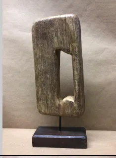 wood sculpture with hole on stand 7 x3x 17