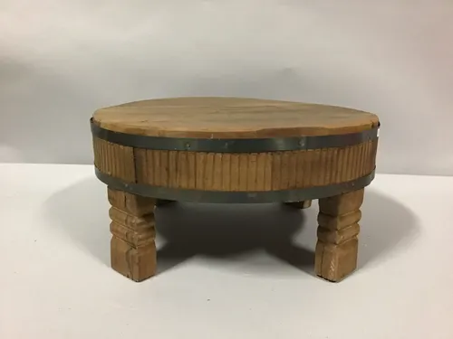 hand-carved 4 legged wood round display  pedestal with metal bands 