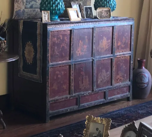 antique Chinese or Tibetan hand painted red cabinet  side board 