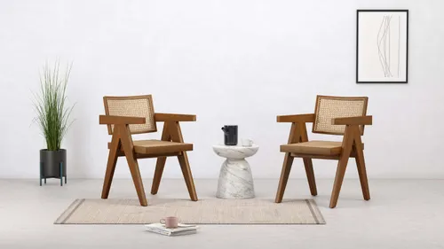  dining chair /wood frame teak and cane seat and back dining room Jeanneret with arms