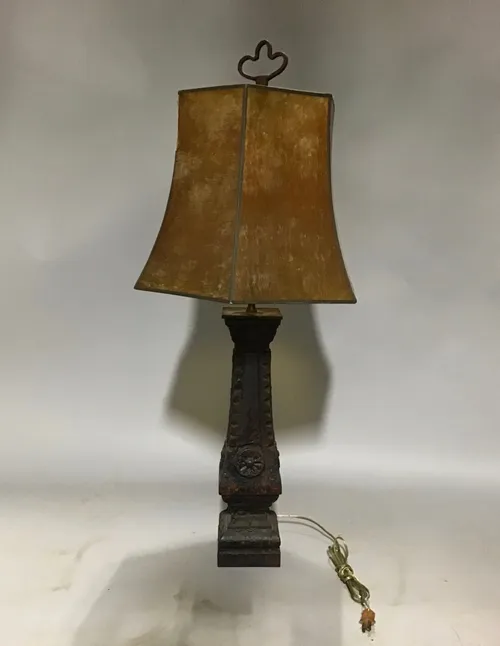 vintage carved dark wood table lamp with parchment shade 