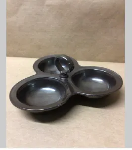 tri condiment bowl brown ceramic  juliska triple bowl server 9.5