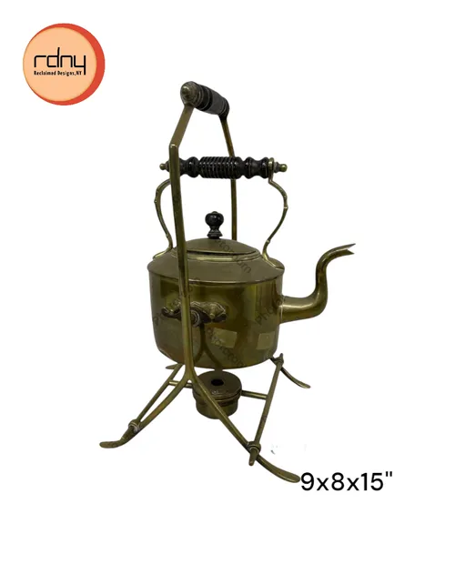 brass tea kettle on a stand sterno base