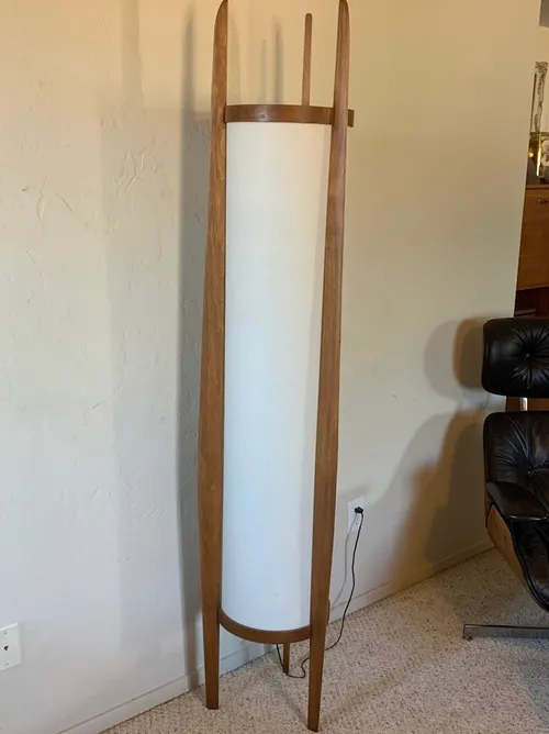 1960s danish modern teak and linen lamp mid century