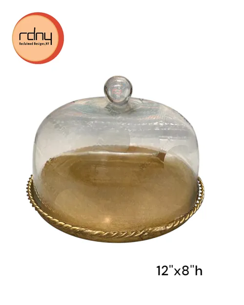 brass cake plate with glass cloche 12x8h