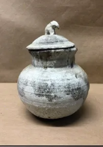 ceramic jar with lid white powdery patina 