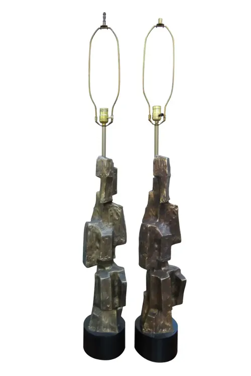pair bronze brutalist table lamps 