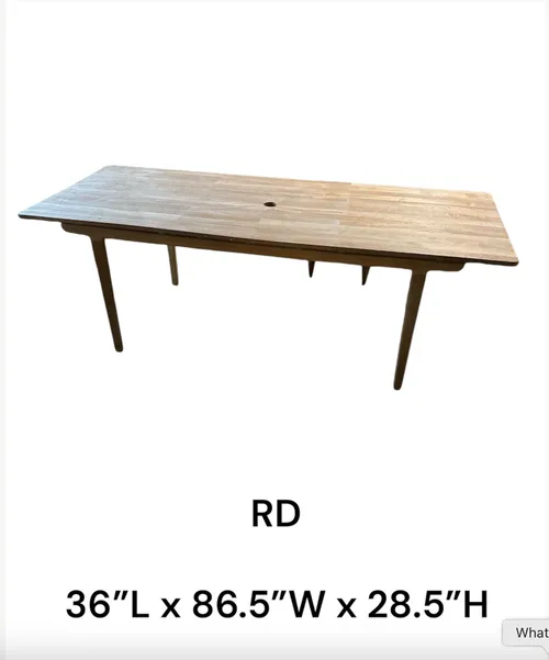 rectangular light wood outdoor table with center hole 36 x 86.5 x 28.5