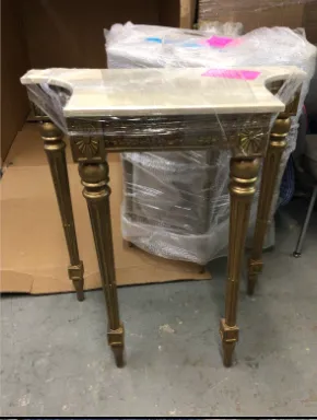 gold french ornate console table with side indents marble top 30x15 33h