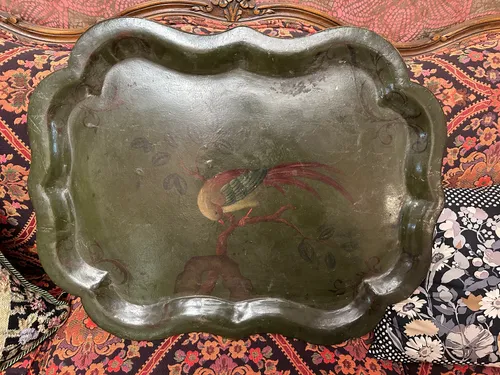 metal tea tray green painted bird 