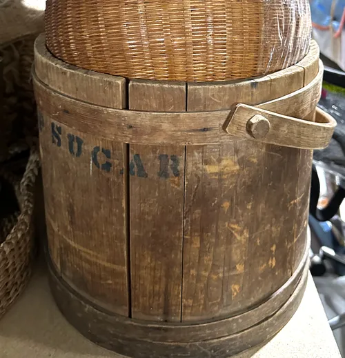 antique wooden firkin sugar bucket  with handle 