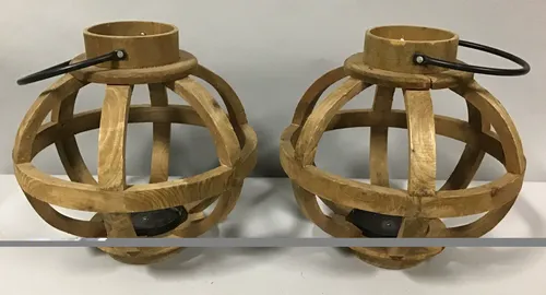 round wood slat candle lanterns x2 